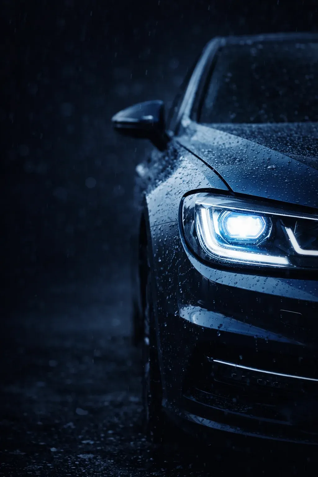 Auto blu pulita dopo il lavaggio, con gocce d'acqua sul parabrezza
